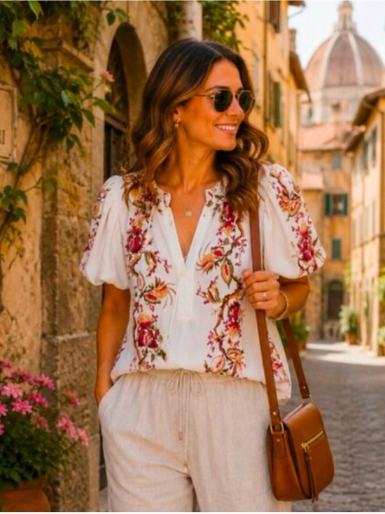 Rose & Olive Tops - Rose & Olive White Floral Embroidered V-Neck Puff Sleeve Blouse